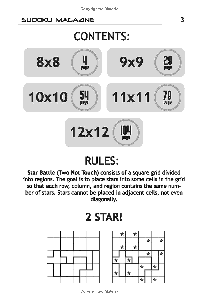 Star Battle 250 Two Not Touch Logic Brain Puzzles Sudoku Magazine 2341