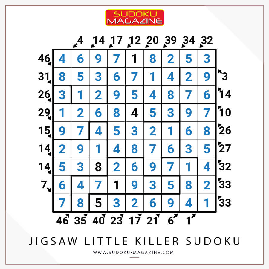 Jigsaw Little Killer Sudoku 9x9 Solution