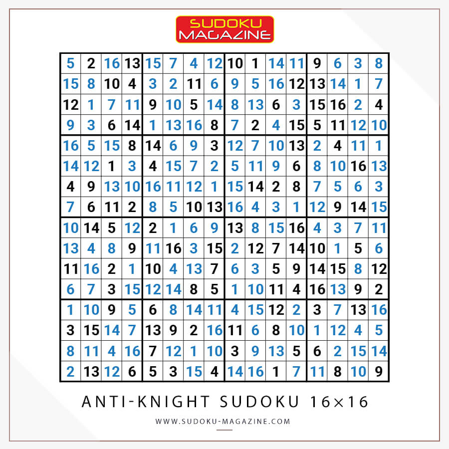 Anti-Knight Sudoku 16×16