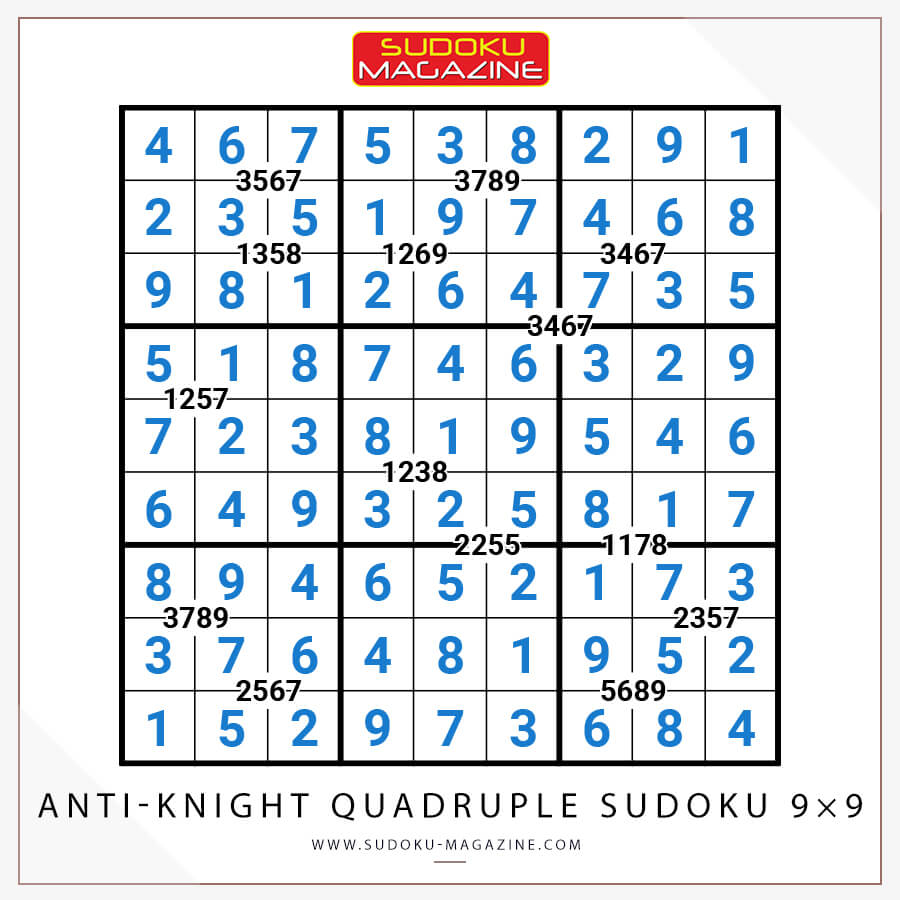 Anti-Knight Quadruple Sudoku 9x9 Solution
