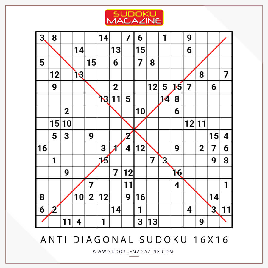 Free Daily Sudoku: Anti Diagonal Sudoku 16×16 (0178) – Sudoku Magazine