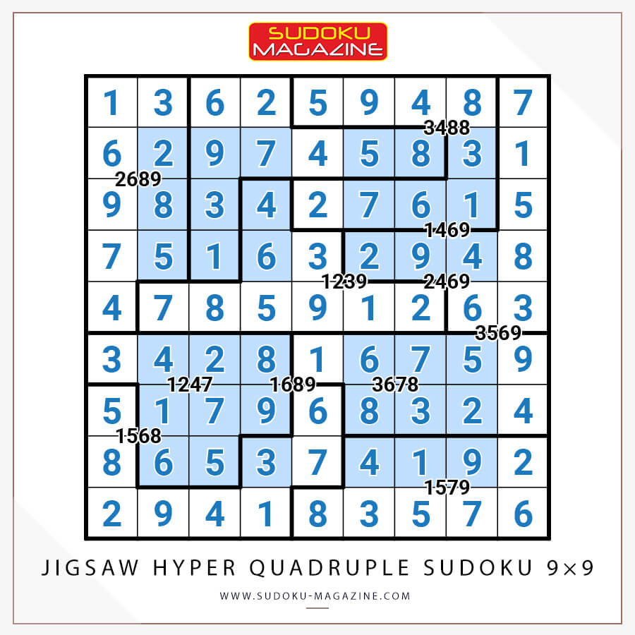 Jigsaw Hyper Quadruple Sudoku 9×9 Solution