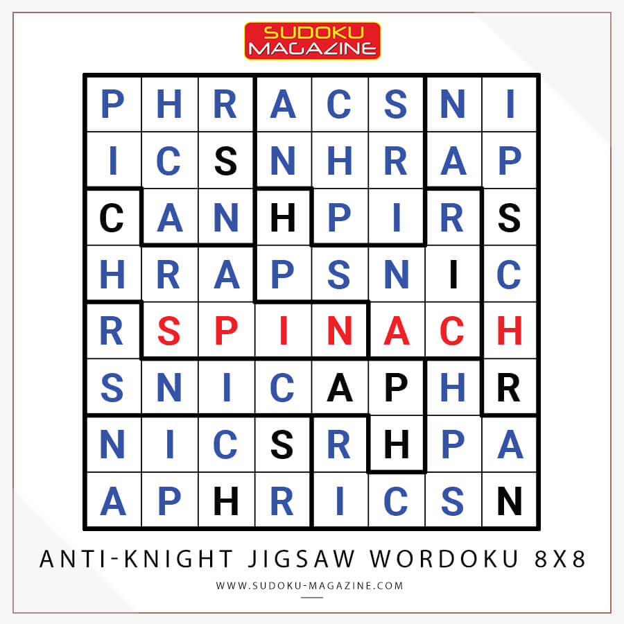 Anti-Knight Jigsaw Wordoku 8x8 Solution