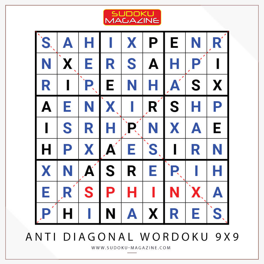 Anti Diagonal Wordoku 9x9 Solution