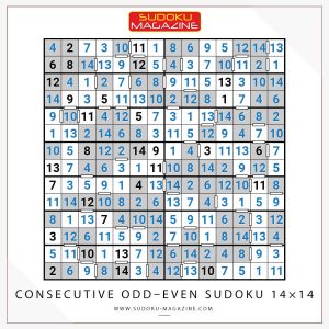 Consecutive Odd–Even Sudoku 14x14 Solution