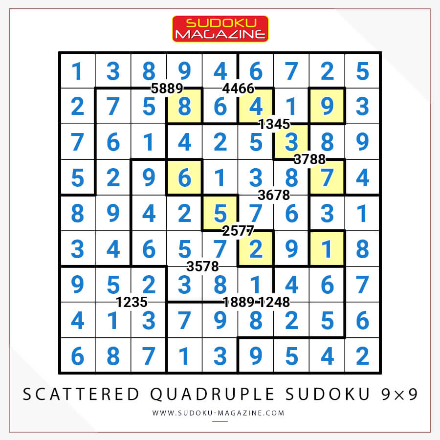 Scattered Quadruple Sudoku 9×9 Solution