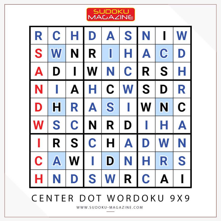 Center Dot Wordoku 9x9 Solution