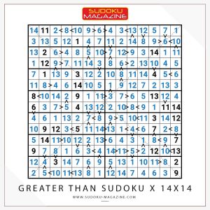 Greater Than Sudoku X 14x14 Solution